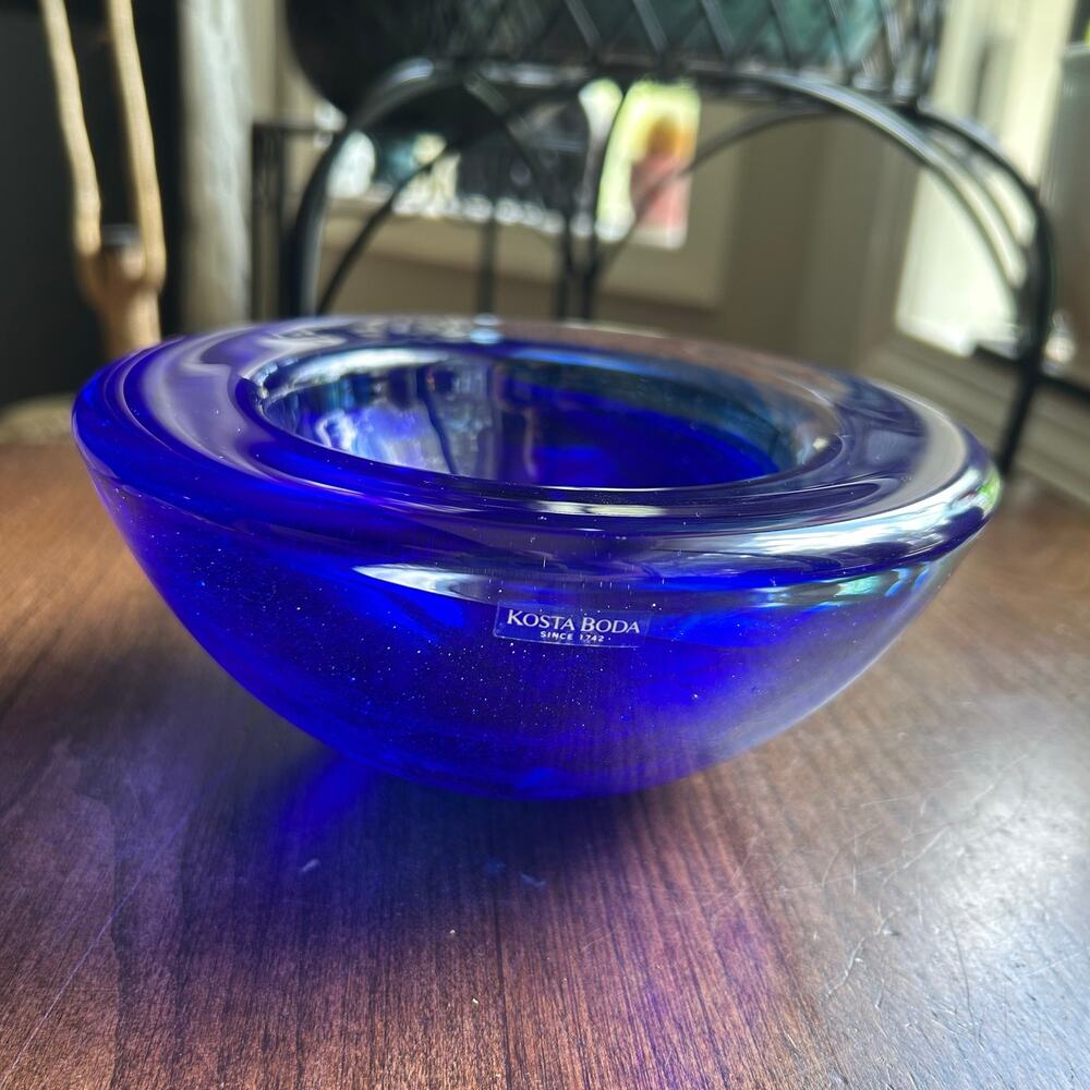 Kosta Boda Large 7” Atoll cobalt blue art glass candle holder Anna Ehrner